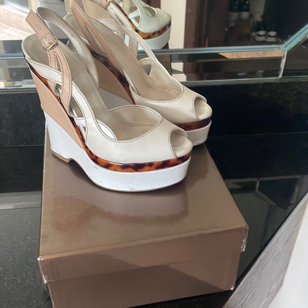 Gucci Cream and Brown Wedge Sandals